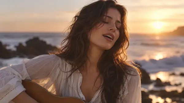 A singer in a white blouse by the ocean, softly lit in an intimate music video close-up.