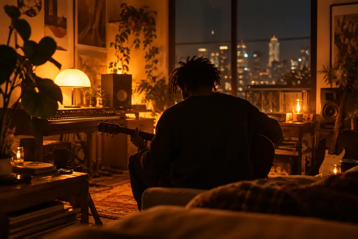 A musician silhouetted in a warm amber room at night.