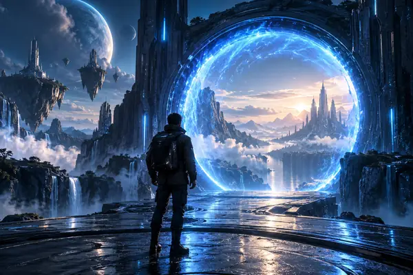 A luminous blue portal opening inside an atmospheric science-fiction scene.