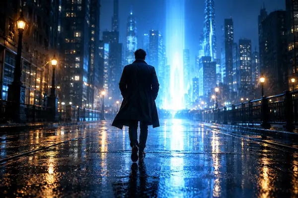 A lone figure walking toward bright blue light on a rain-soaked street.