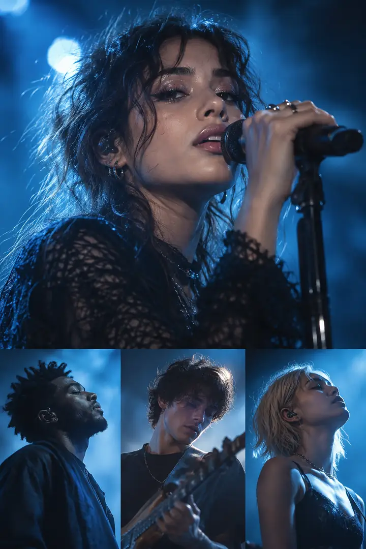 A close-up portrait of a singer in cool blue light, with other artist portrait references arranged beneath the main image.