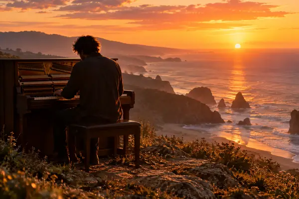A pianist playing an upright piano above the coast at sunset.