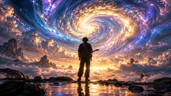 A performer standing beneath a swirling luminous sky in a dreamlike music video.