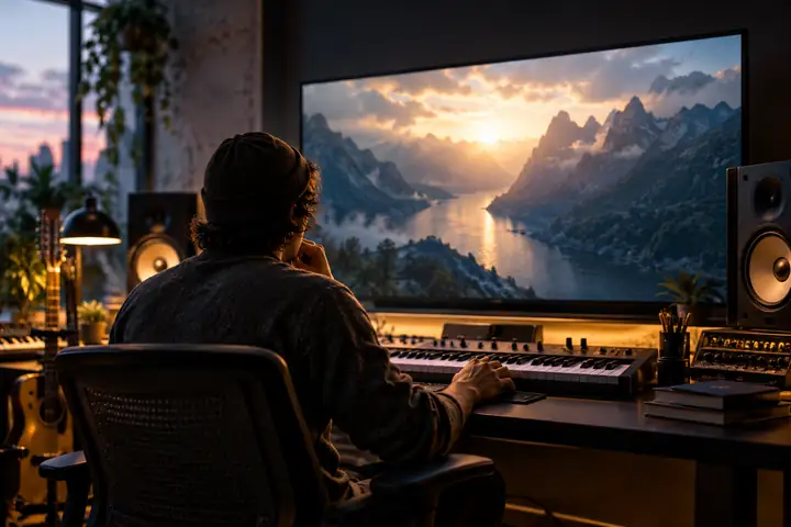 A music creator reviewing cinematic video frames in a softly lit modern studio.
