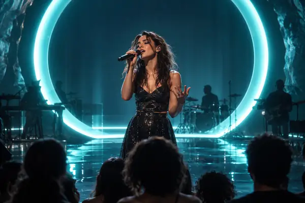 A singer framed by a glowing cyan circular light installation.