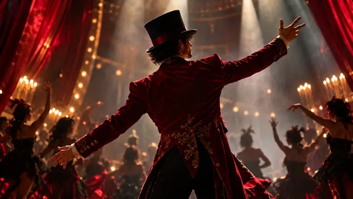 A theatrical dancer in a red jacket and dark hat on a dramatic stage, cinematic music video still.