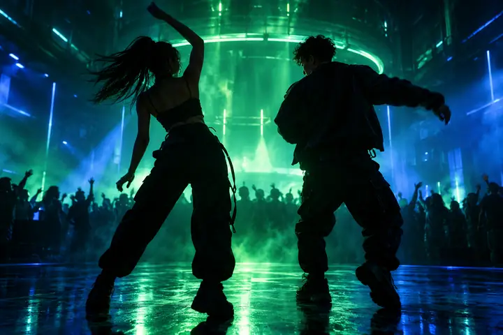 Two performers dancing in a dark futuristic venue illuminated by green and blue stage lighting.