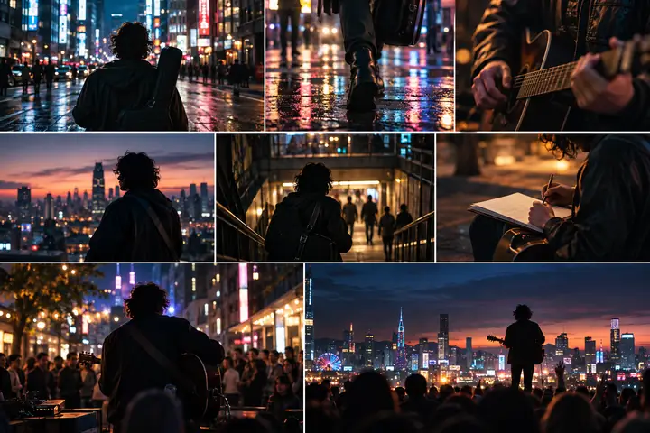 A cinematic director's view of a musician on a neon city street, with multiple shots arranged as a visual storyboard.