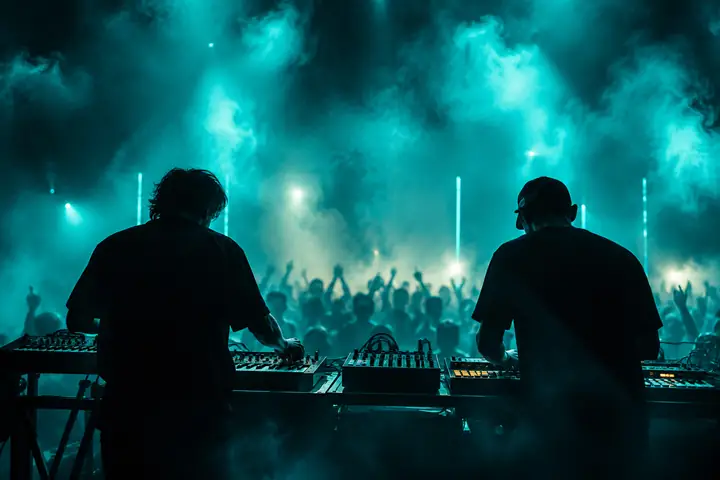 Electronic musicians performing beneath teal lights and theatrical smoke.