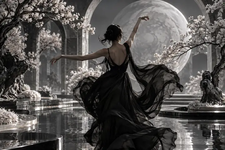 A dancer in a flowing black dress in a surreal monochrome garden.