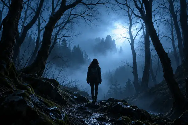 A solitary figure in a foggy forest framed by bare trees and blue light.