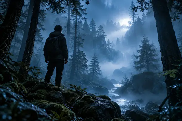 A mysterious person standing among trees in a misty blue forest.
