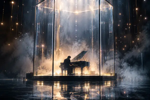A lone performer inside a tall glass stage surrounded by delicate light and mist.