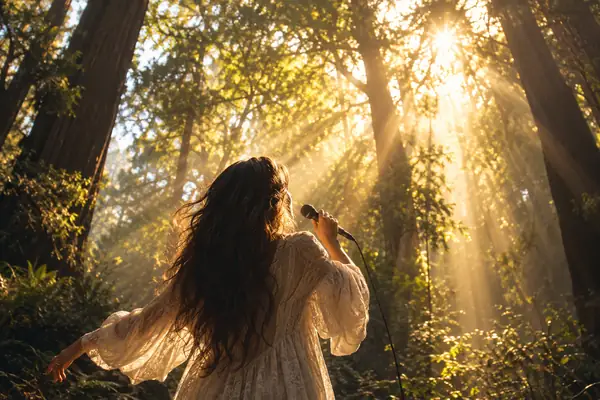 A singer standing beneath tall trees and golden rays of sunlight.
