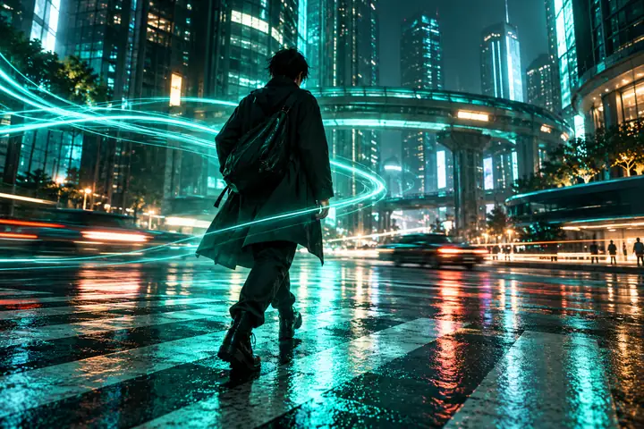 A futuristic figure crossing a teal-lit city street with luminous motion trails.