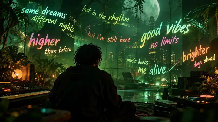Colourful kinetic song lyrics floating over an atmospheric dark green music video frame.