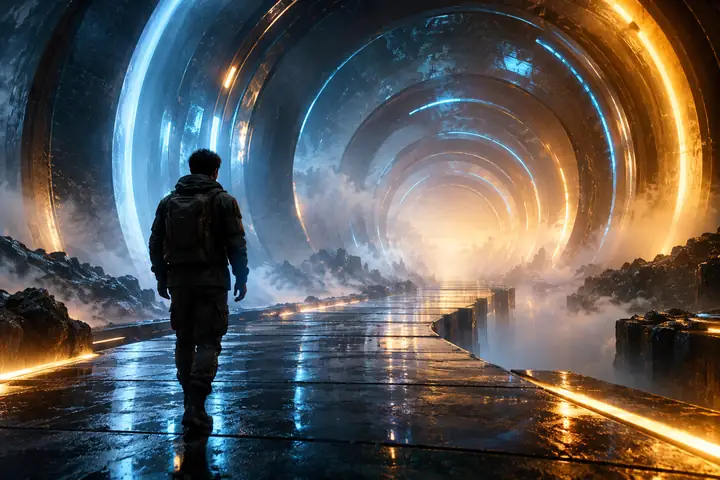 A cinematic futuristic tunnel of blue and amber lights fading into mist.