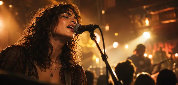 Close-up of a singer performing into a microphone in a warmly lit live venue, cinematic wide framing.