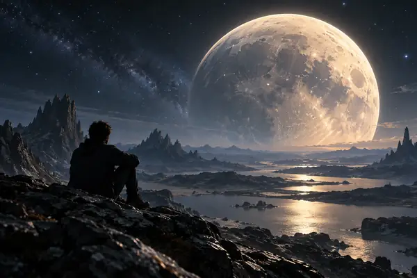 A monumental moon over a quiet otherworldly landscape at night.