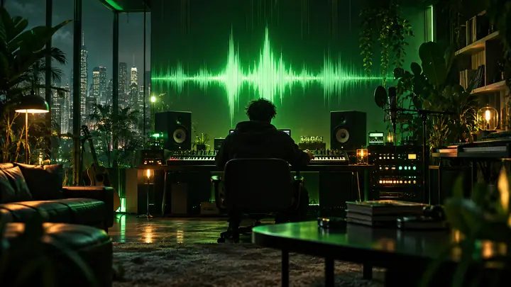 An atmospheric green-lit recording studio with an illuminated music waveform, framed like a cinematic title card.