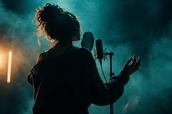 A vocalist in a dark teal studio surrounded by cinematic haze.