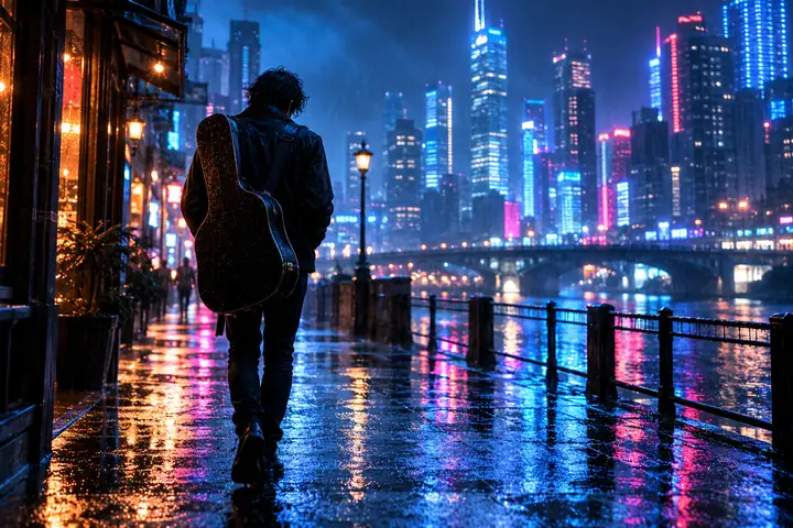 A rainy neon city scene designed for a music video.