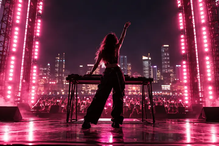 A performer on a stage framed by rows of pink lights at night.