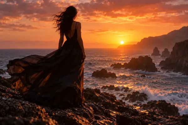 A woman in a flowing dark dress on a rocky coast at sunset.