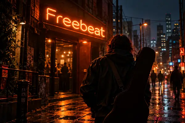 A musician beneath an orange neon sign on a dark cinematic street.