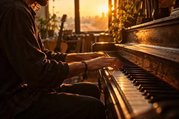 A musician playing an old piano in warm late-afternoon light, hands in close-up.