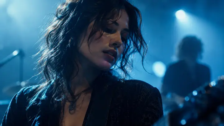 Close-up of a thoughtful performer in a moody blue-lit music video scene.