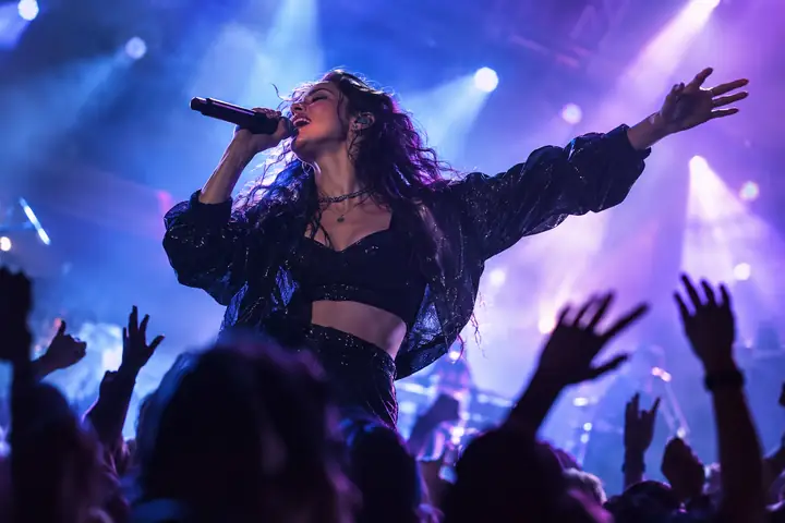 A singer in blue and violet concert lights.