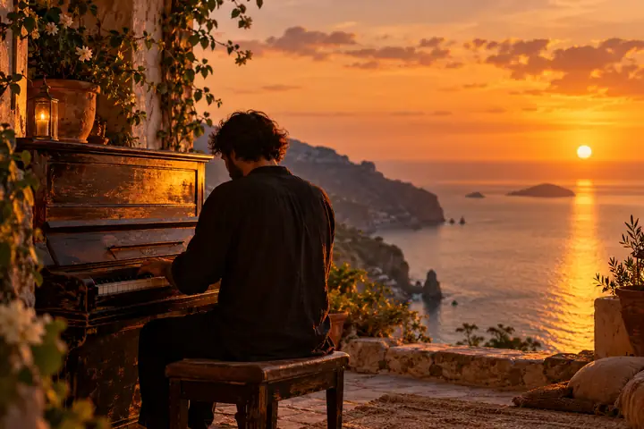 A musician playing piano by the sea in golden light.