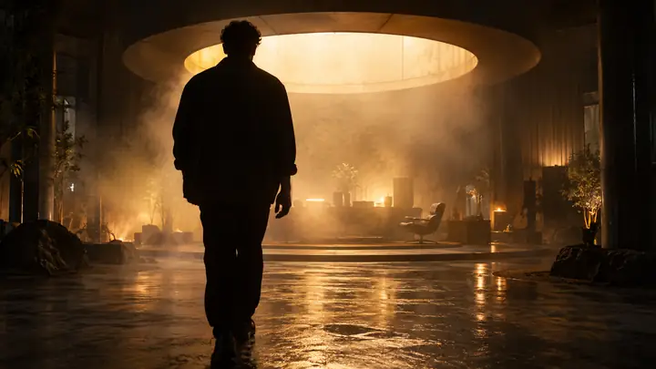 A silhouetted figure walking into a misty room illuminated by a warm overhead light, cinematic video still.