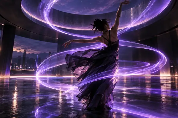 An expressive dancer surrounded by violet light ribbons in a futuristic performance space.